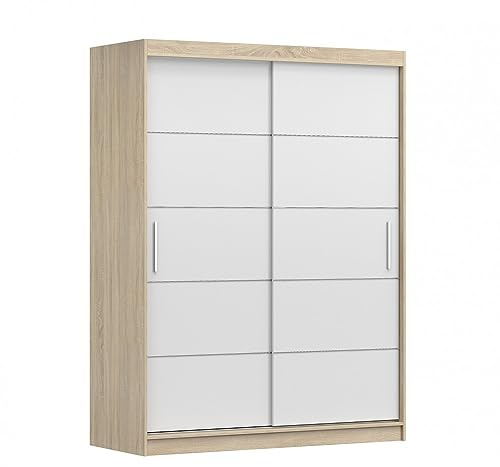 MOEBLO Kleiderschrank Schwebetürenschrank 2-türig Schrank mit vielen Einlegeböden und Kleiderstange Gaderobe Schiebtüren BxHxT 150x200x61 - Lara 6 (Sonoma + Weiß)