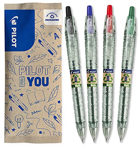 PILOT - Pack of 4 B2P ECOBALL 1mm - Gel ink roller ball pen - Medium - Begreen - Assorted colors - Black, Blue, Red, Green