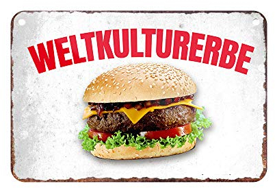 Weltkulturerbe Hamburger - Metallschild mit Kordel und Saugnapf - Schild für Genießer und Gourmets - Deko für Küche Burgerladen Food Truck Imbiss American Diner Burger Restaurant Pub - 18x12cm