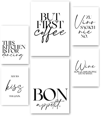 TraderCat Bildersatz – 6 Poster – Home-Deko für Küche und Esszimmer, farblich abgestimmt, Mood Dekoration (2x A3, 4x A4 | Ohne Rahmen, Sprüche - Coffee & Wine)