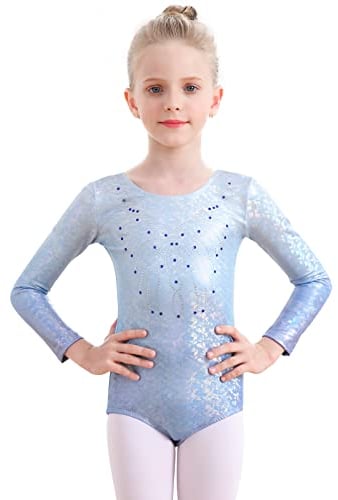 Monbessi Turnanzug Mädchen Langarm Glitzernde Kinder Gymnastikanzug Rundhalsausschnitt Dancewear 5-12 Jahre (130, Blau)