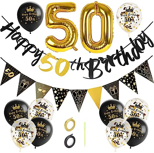 GoldRock Deko 50. Geburtstag Mann Frau Schwarz Gold, 50 Geburtstag Deko Set, 50 Geburtstag Mann Deko, Luftballons 50. Geburtstag, Happy Birthday Girlande,Folienballon Zahl 50, 50 Jahre Geburtstag