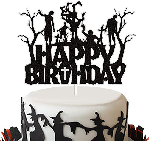 Zombies Happy Birthday Cake Topper Black Glitter Horror Monster Zombies Cake Decor Spooky Halloween Themed Party Supplies for Kid’s Birthday