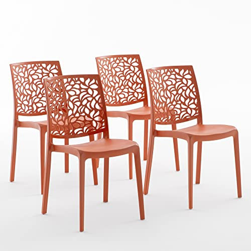 Sillas de resina moderna apilables de polipropileno con fibra de vidrio, para interior, cocina o comedor, exterior y jardín, sillas de restaurante y contract - Anna (4 Sillas, Naranja papaya)