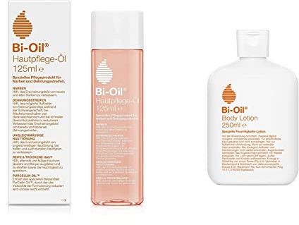 Bi-Oil Hautpflege-Öl | Spezielles Hautpflegeprodukt | Hilft bei Dehnungsstreifen und Narben | 125 ml & Body Lotion | Feuchtigkeitsspendende 2-Phasen Body Lotion mit Öl | vegan | 250 ml