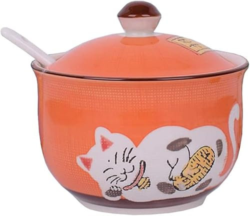 GImLY Ceramics Japanese Lucky Cat Sugar Bowl Salt Storage Jar with Lid And Spoon