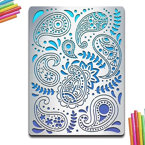MAYJOYDIY Paisley Metallschablone Journaling Metallschablonen Vintage Paisley Blätter Schablone 14 × 19cm Edelstahl Malschablone Für Holzbrandzeichnung