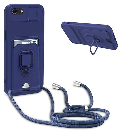 BGHHEU Coque avec Cordon pour iPhone 6G/7G/8G/SE 2020,Collier pour Étui Colliers de cellulaire Réglable Corde Silicone Souple Case,Protection de la Caméra,Support,Porte Cartes - Bleu