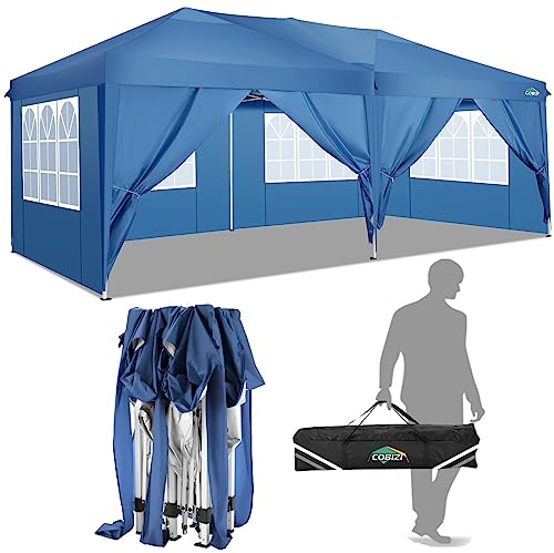 COBIZI Faltpavillon wasserdicht, Pop Up Zelt Pavillon 3 x 6 m mit 6 Seitenteilen mit UV-Schutz, Faltbarer Pavillion Zelt 3 x 6 für Markt, Freien Event, Garten, Blau