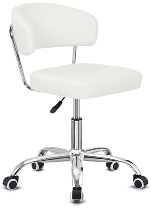 BELIWIN White Faux Leather Swivel Office Chair, Height Adjustable Ergonomic Desk Chair, Armless Vanity Chair for Office Bedroom Beauty Salon, White