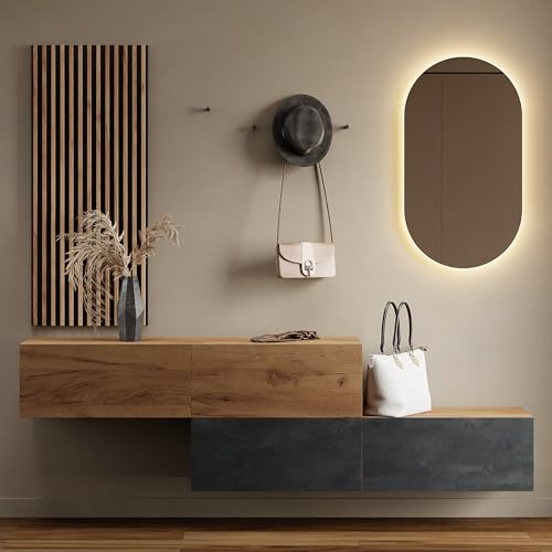 Planetmöbel Flur Möbel Garderobe 2X 140cm Gold Eiche/Gold Eiche schwarz Charcoal, Wandpaneel 50cm Gold Eiche/Anthrazit mit Spiegel 50cm (ohne LED), Wandgarderobe 32,5H x 140B x 37,8T cm