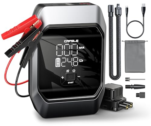 CAFELE[5 IN 1]Zuverlässig Starthilfe Auto mit Kompressor 160PSI 1000A 8000Mah,Starthilfe Powerbank mit Luftkompressor 12V,40W USBC Schnellladung,2 LCD-Anzeige,Light für 6,0 Liter Gas/3,5 Liter Diesel