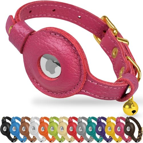 OOPSDOGGY AirTag-Katzenhalsband aus Leder mit Glöckchen, Nicht abreißbar, mit Apple Airtag-Halter, leichtes GPS-Haustierhalsband für Mädchen, Jungen, Katzen, kleine Hunde, Welpen (Pink)