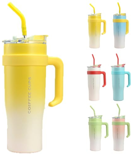 40oz Tumbler with Straw Lid and Handle, Stainless Steel Coffee Travel Insulated Cup Mug, Cup Travel Mug Water Bottle Thermos for Hot and Cold Coffee (Gradient Yellow)