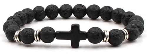Wycian Bergkristall Armband, Armkette Herren Kreuz Perlen Lavagestein Kristall Schwarz Metalllegierung Kreuzen 19cmx8mm Elastisch 1er Naturstein für Neujahr