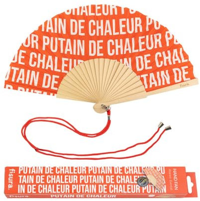 Fisura - Original handheld folding fan with message in french. wooden fan. Original holding Hand Fans. Fan with hanger included (Chaleur, red pattern)