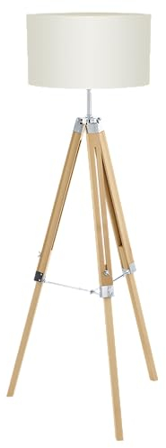 EGLO Stehlampe Lantada, Stehleuchte Vintage, Standleuchte aus Holz, Stahl und Textil, Wohnzimmerlampe in Natur und Beige, Lampe mit Schalter, FSC zertifiziert, E27 Fassung