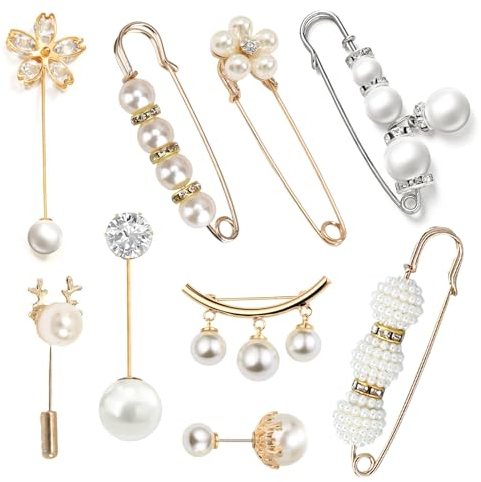 9 Pièces Mode Broche De Perle Simulée, Broche en Perle Artificielle Pinces De Sécurité en Fausses Perles Cristal Châle Clips Épingles De Robe, pour Pantalon Foulard Vêtements Et Col