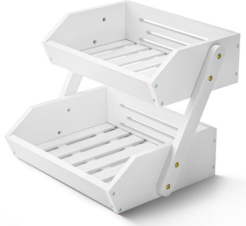 CALM COZY Obstkorb Bambus 2 Etagen Obst und Gemüse Aufbewahrung Obstschale, Obstregal Küche, Weiß
