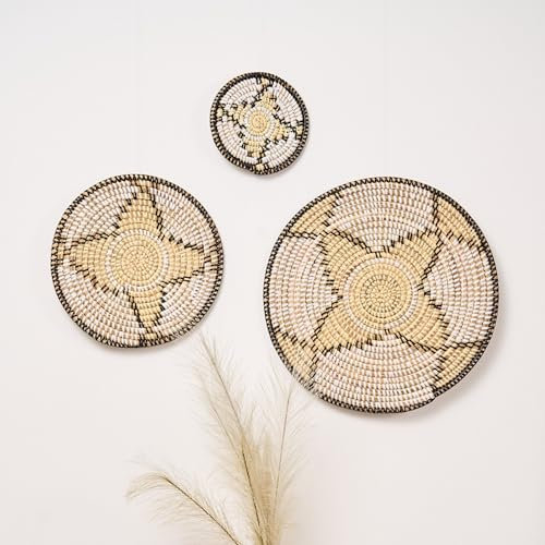 YAADU Wanddekoration 3teilig – Handgemachter Wandschmuck, Afrikanische Wanddeko, Dekoration, Boho Deko Haus, Wandbild, Modell Kano (Beige-Schwarz, 3teilig)