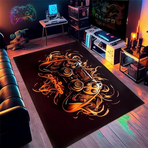 Gaming Bereich Teppich Teener Zimmer Home Decor Anime Cool Neon 3d Graffiti Gamepad Gedruckter Teppich Doppelt Gamer Spiel-teppich Fürs Jugendzimmer Wohnzimmer Sofa Teppich (Orange,120x160cm)