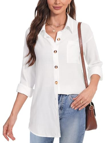 Totatuit Women Blouse and Shirts Long Sleeve Shirt Tops Button Down Shirts Lapel Neck Oversized Tees Office Work White XL