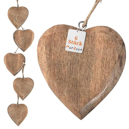 6er Set Holz Anhänger Herzen je 10 x 9,5 cm Massiv Holzherz zum Hängen