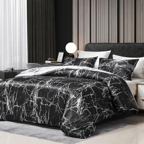 Boqingzhu Satin Bettwäsche 155x220cm Schwarz Weiß Grau Marmor Optik Muster Modern Aesthetic Edel Seide Wende Bettwäsche Set Sommer Winter Doppelbett Bettbezug und Kissenbezug 80 x 80 cm