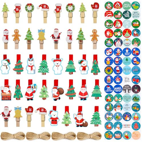 40 Pinzas para Decoración Navideña de Madera Con Cuerda de Yute - Decorativas para Fotos, Fiestas, Navidad, Bodas y Más