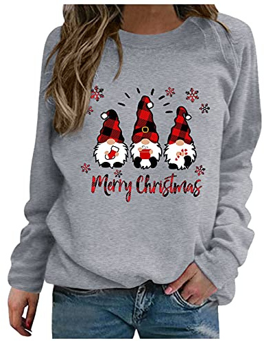 Famzuneu Weihnachtspullover Damen Wichtel, Weihnachtspullover Damen Wichtel Lustig Weihnachten Pullover Rundhals Schön Weihnachts Sweatshirt Ugly Winter Langarmshirt Große Größen Weihnachtspulli