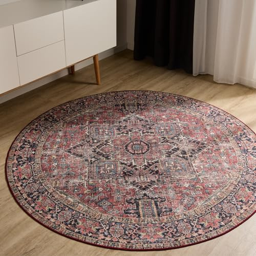 benuta Basic Waschbarer Teppich George - Multicolor/Beige 160 cm rund - Kunstfaser - rund & im Style: Vintage, Elegant, Retro - Pflegeleicht für Wohnzimmer Schlafzimmer