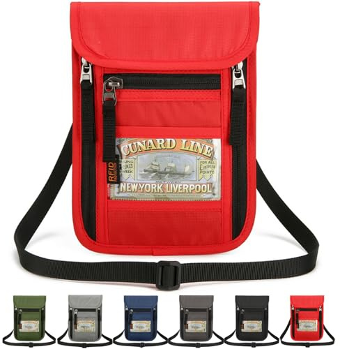 Brustbeutel Herren Damen Kinder, Reise Brusttasche (Rot) | Brustbeutel mit RFID Schutz mit Mehreren Taschen für Bargeld, Karten, Schlüssel, Reisepass