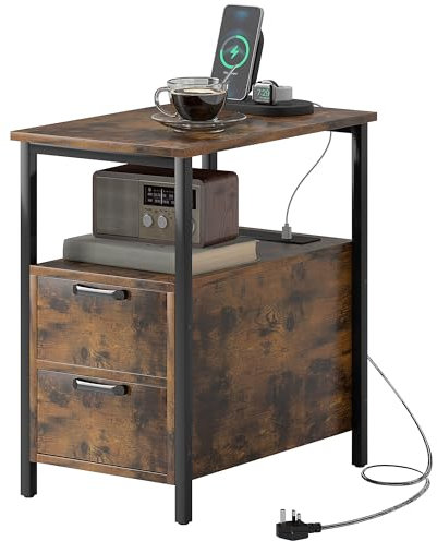HOMCOM Side Table with Charging Station, USB Ports and Power Outlets, Narrow Bedside Table with 2 Drawers and Shelf for Living Room, Bedroom, Rustic Brown
