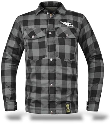 TLA GRID chemise de moto en flanelle avec renforts en aramide, protections, tailles jusqu'à 6XL unisexe Homme et Femme, veste moto vintage, scooter, Cafè Racer avec fermeture éclair et boutons