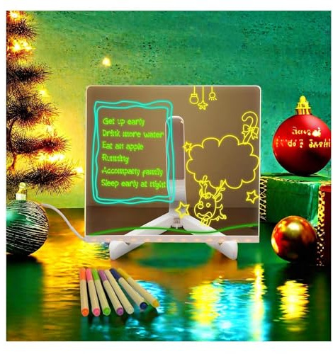 Hazomeu Tableau Lumineux avec 7 Stylos Néons et Support Réglable Tableau Lumineux Essuyable Tablette LED Acrylique,15x15cm