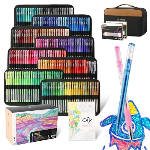 ZSCM 400 Packgelstifte für Erwachsenen Malbuch, 200 Künstlerfarben mit 200 Nachfüllungen, feiner Tipps Metallic Glitter Gel Stifte zum Zeichnen von Doodling Journaling Craft Art Supplies