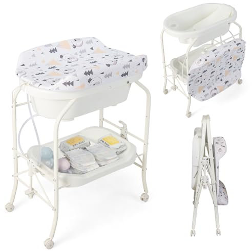 DREAMADE Baignoire Bebe avec Support Pliable,Baignoire Bébé sur Pied avec Table à Langer,4 Roues Universelles Verrouillables,Charge 15 KG (Blanc)