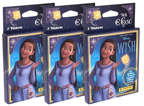 Panini Disney Wish Sticker – 3 x Eco-Blister mit je 7 Tüten + 3 Limited Edition Cards | Sammelsticker & Karten zur Disney Kino-Neuheit | Stickerkollektion für Kinder & Sammler