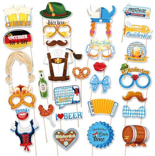 CENCERY 30 Teile Oktoberfest Fotobox Zubehör Set - Wiederverwendbare Bayrisch Fotorequisiten für Wiesn Partyfotoautomat mit Brezel, Hut, Bier, Lebkuchen, Schnurrbart & Flagge