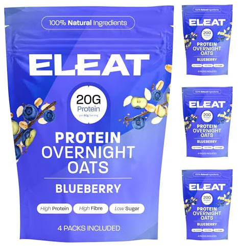 ELEAT | High Protein Overnight Oats Healthy Breakfast | Blueberry & Vanilla | Low Sugar Breakfast | High Fibre Porridge | Gluten Free & Vegan | 4 x 400g