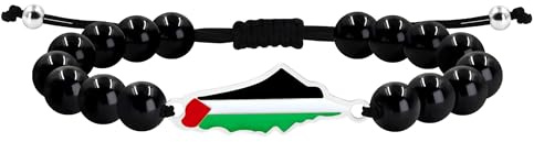 JunyiDIY Palestinian Flag Black Agate Bracelet for Men, Handmade Beaded Adjustable Solidarity Power Jewelry Cultural Identity Wristband for Father Brother YA6029