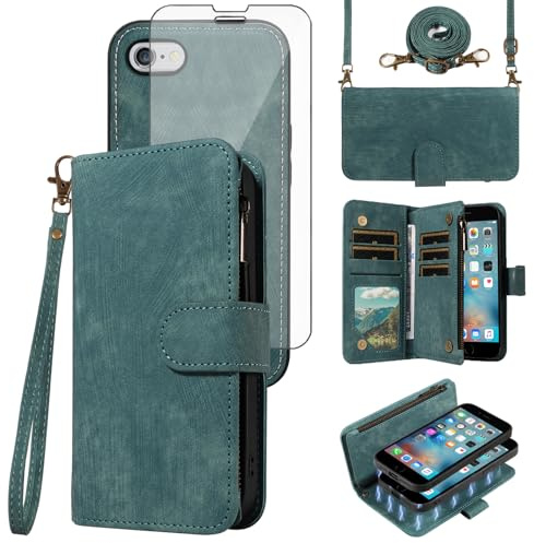 Phone Case for iPhone 6plus 6splus 6/6s Plus Zipper Wallet Cell Cover with Screen Protector Crossbody Lanyard Strap Flip Card Holder Slot iPhone6 6+ iPhone6s 6s+ i 6P 6a S Six iPhone6splus Women Blue