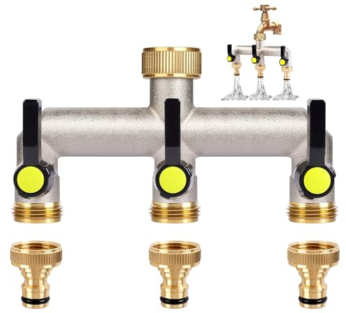 ilauke 3-facher Wasserverteiler 3/4 Zoll für Garten Haus Gartenschläuch | Massiv vernickeltes Messing, verlängerter Griff, 3 unabhängige Ventile, frostfest bis -20°C, für Garten Waschmaschine