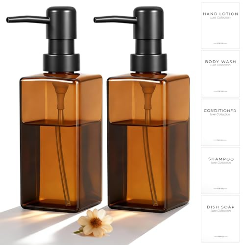 Hejo 2Pcs Glass Soap Dispensers with Pump, 12oz Hand Soap Dispensers, Dish Soap Bottle Dispenser for Kitchen, Refillable Brown Glass Bottle with Labels for Bathroom Kitchen Countertop (Brown)