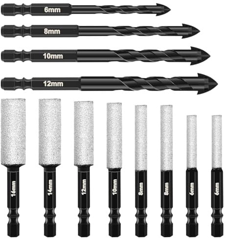 ATPWONZ 12 brocas para azulejos y cristal, juego de brocas de carburo, broca universal de diamante con vástago hexagonal para metal, ladrillo, vidrio, cerámica, piedra, plástico, madera, mármol