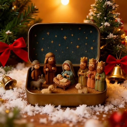 Aakluk Handcrafted Pocket Nativity Scene Gift Tin | Mini-Weihnachtskrippenset In Einer Blechdose Heilige Familie Schafe Und Jesus Figuren Dekors| Für Zuhause, Büro, Schlafzimmer, Bücherregal, Kirche