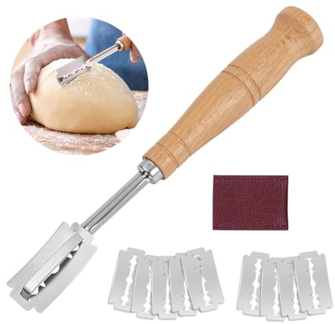 OSDUE Bäckermesser,Brot Lahm Messer mit 10 Ersatzklingen & Lederschutzhülle Teigmesser Rasiermesser Set Holz Ritzmesser Baguettemesser für DIY Brotteig Backen Gerade und Geschwungene Schnitte