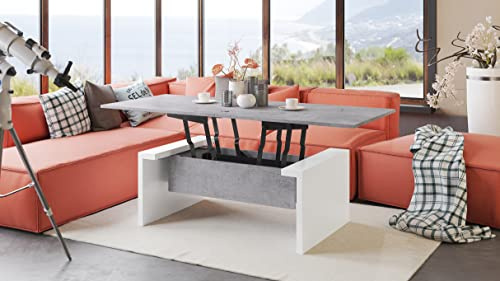 designimpex Space Couchtisch aufklappbar in Beton/Weiß matt höhenverstellbar modern vielseitig Wohnzimmertisch Esstisch Beistelltisch Sofatisch platzsparend hochwertig Wohnzimmer Coffee Table