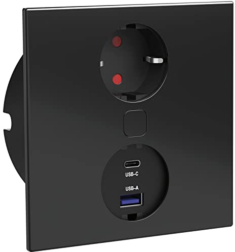 HPF Einbausteckdose Duplex-Q, 1 Stk. Schukosteckdose, + USB-Charger, schwarz