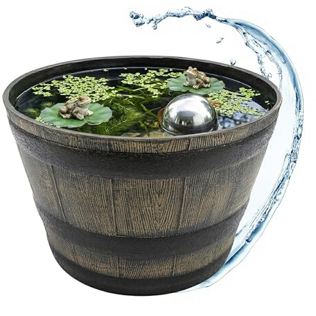 Spetebo Kunststoff Blumenkübel Eichenfass Optik braun - 39 cm | Mini Gartenteich Becken, Holz Wasserkübel Design, Miniteich Pflanzkübel, Wassertrog Zuber Bottich